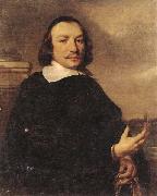 Jan van Noordt Portrait of a gentleman holding gloves,a view of a dutch town beyond oil painting